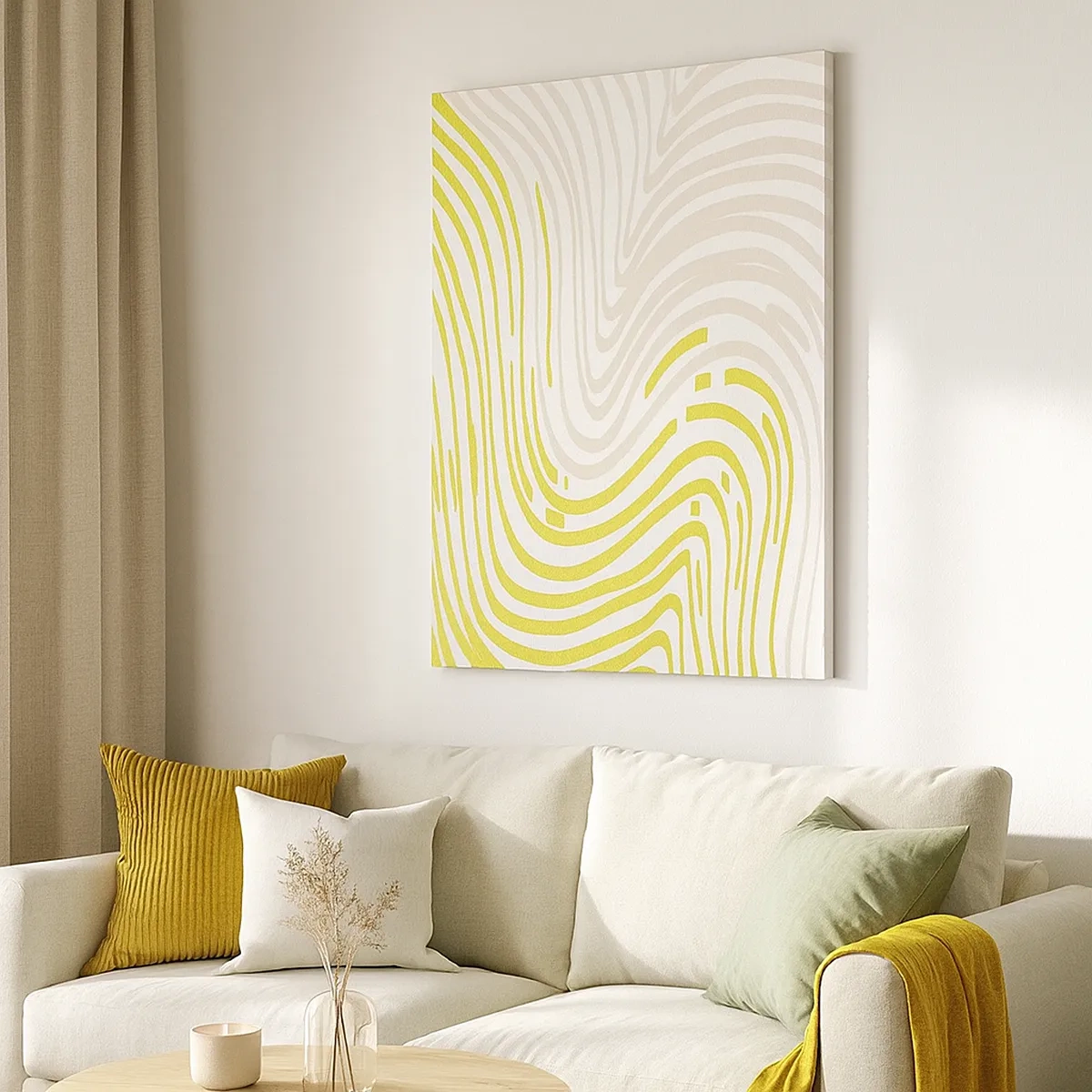 Cuadro sobre lienzo - Impresión de Imagen - Un patrón abstracto con líneas onduladas en tonos amarillo y beige. - 50x70cm - Composición curvada - Decoración de pared moderna para salón y dormitorio ARTTOR