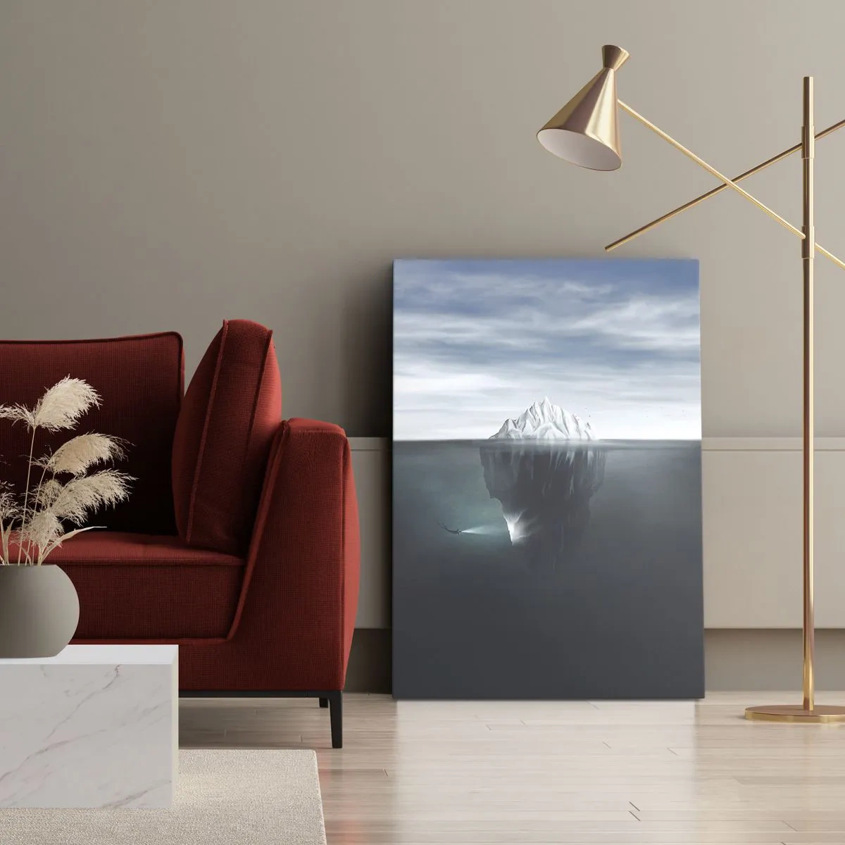 Cuadro sobre lienzo - Impresión de Imagen - Un iceberg en el agua con un buzo y un reflector debajo de la superficie. - 70x100cm - Misterio submarino - Decoración de pared moderna para salón y dormitorio ARTTOR