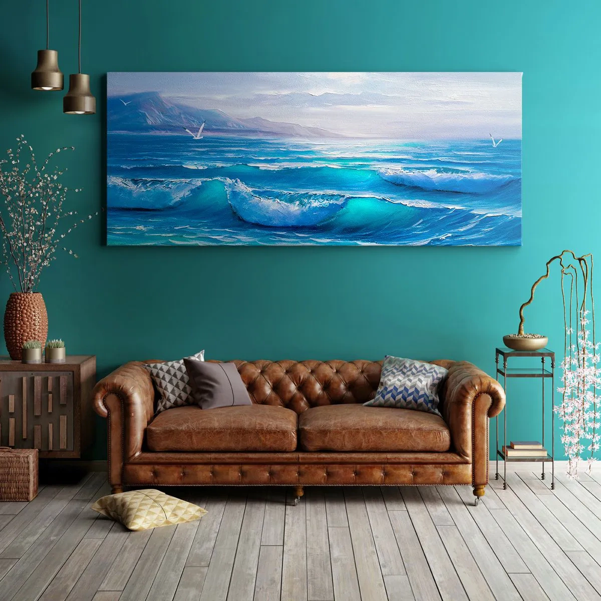 Cuadro sobre lienzo - Impresión de Imagen - Un pintoresco paisaje marino con olas y un cielo azul. - 160x50cm - Trae consuelo - Decoración de pared moderna para salón y dormitorio ARTTOR