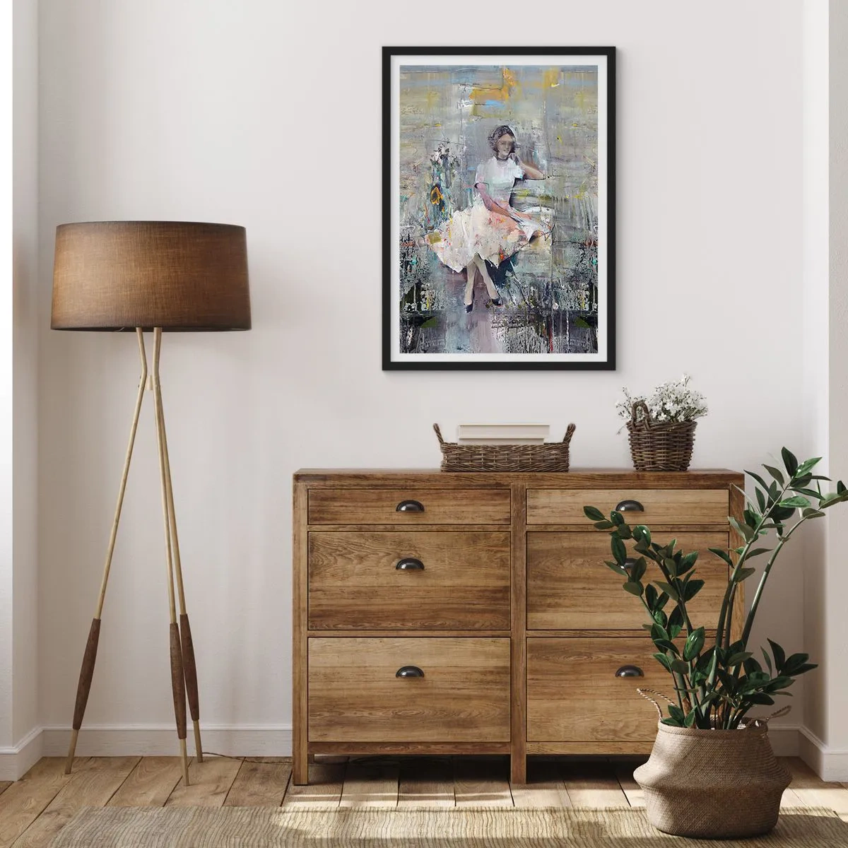 Póster en marco negro - Figura abstracta de una mujer con un vestido sobre un fondo texturizado. - 50x70cm - Clásica y moderna - Decoración de pared moderna para salón y dormitorio ARTTOR