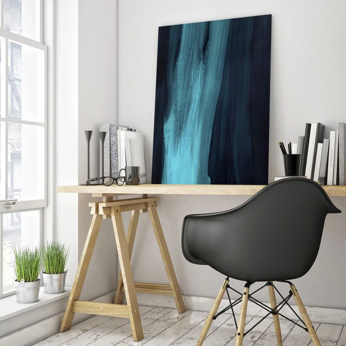 Cuadro sobre vidrio - Impresiones sobre Vidrio - Ondas abstractas sutiles en tonos oscuros de azul. - 70x100cm - Nadar con la corriente - Decoración de pared moderna para salón y dormitorio ARTTOR