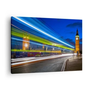 Cuadro sobre lienzo - Impresión de Imagen - El Big Ben de noche con el efecto de las luces en el tráfico de la calle. - 70x50cm - Bajo la mirada del Big Ben - Decoración de pared moderna para salón y dormitorio ARTTOR