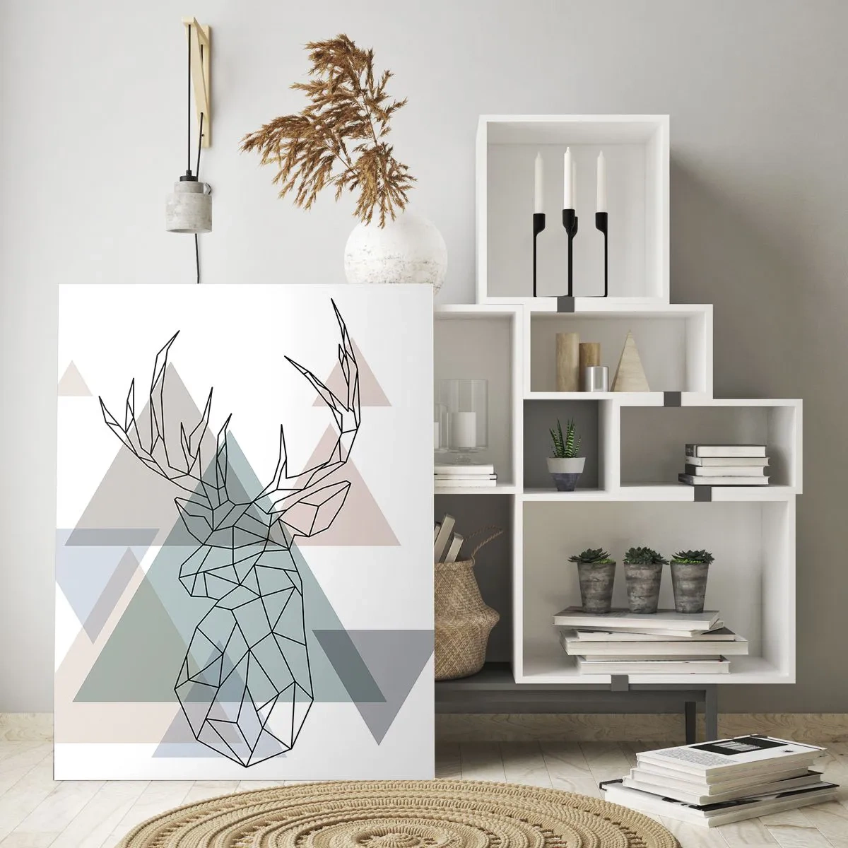 Cuadro sobre vidrio - Impresiones sobre Vidrio - Ciervo geométrico sobre un fondo de triángulos pastel. - 70x100cm - En un bosque geométrico - Decoración de pared moderna para salón y dormitorio ARTTOR