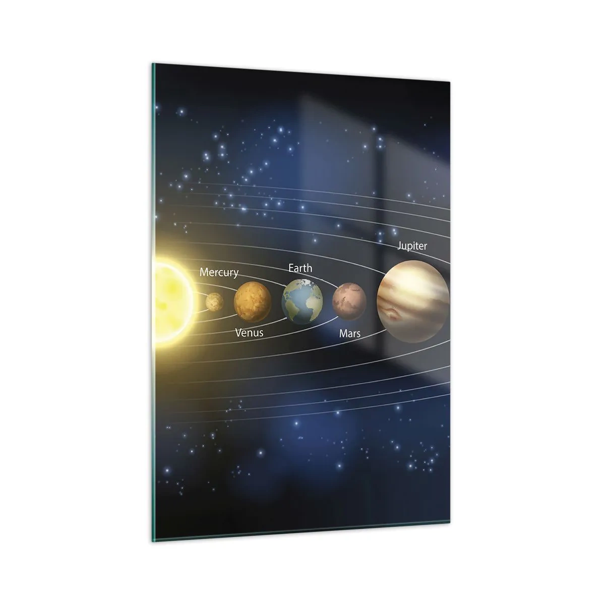 Cuadro sobre vidrio - Impresiones sobre Vidrio - El sistema solar con planetas y estrellas al fondo. - 50x70cm - Uno de diez - Decoración de pared moderna para salón y dormitorio ARTTOR