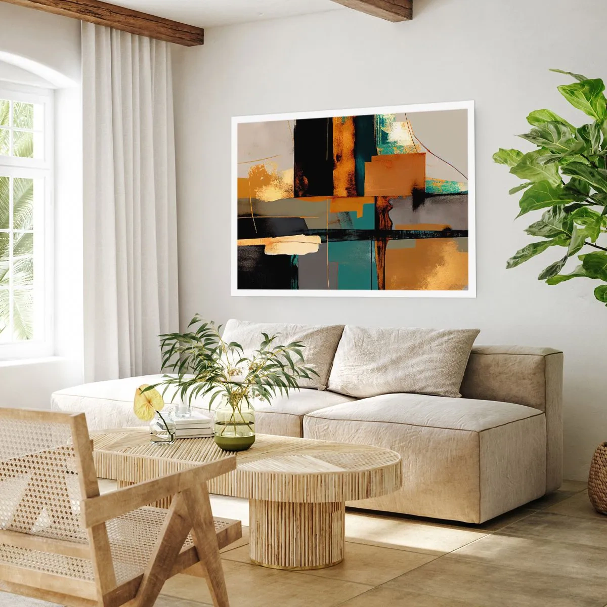 Póster - Composición abstracta con elementos dorados y turquesas. - 100x70cm - Abstracción: luces y sombras - Decoración de pared moderna para salón y dormitorio ARTTOR