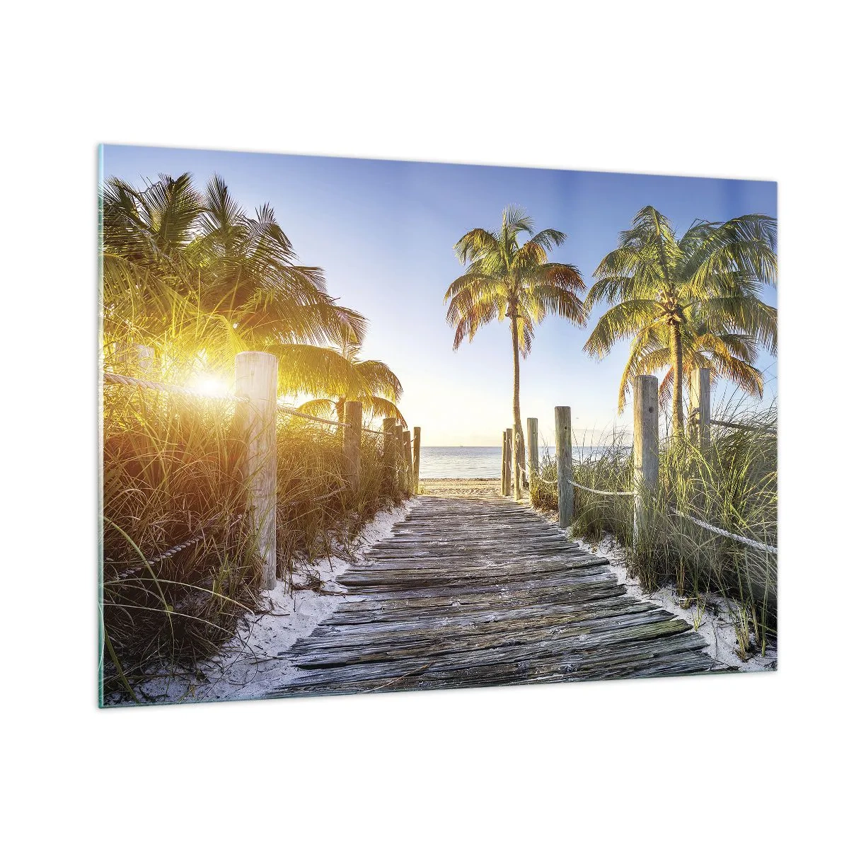 Cuadro sobre vidrio - Impresiones sobre Vidrio - Camino de madera en la playa rodeado de palmeras. - 100x70cm - Directo al paraíso - Decoración de pared moderna para salón y dormitorio ARTTOR