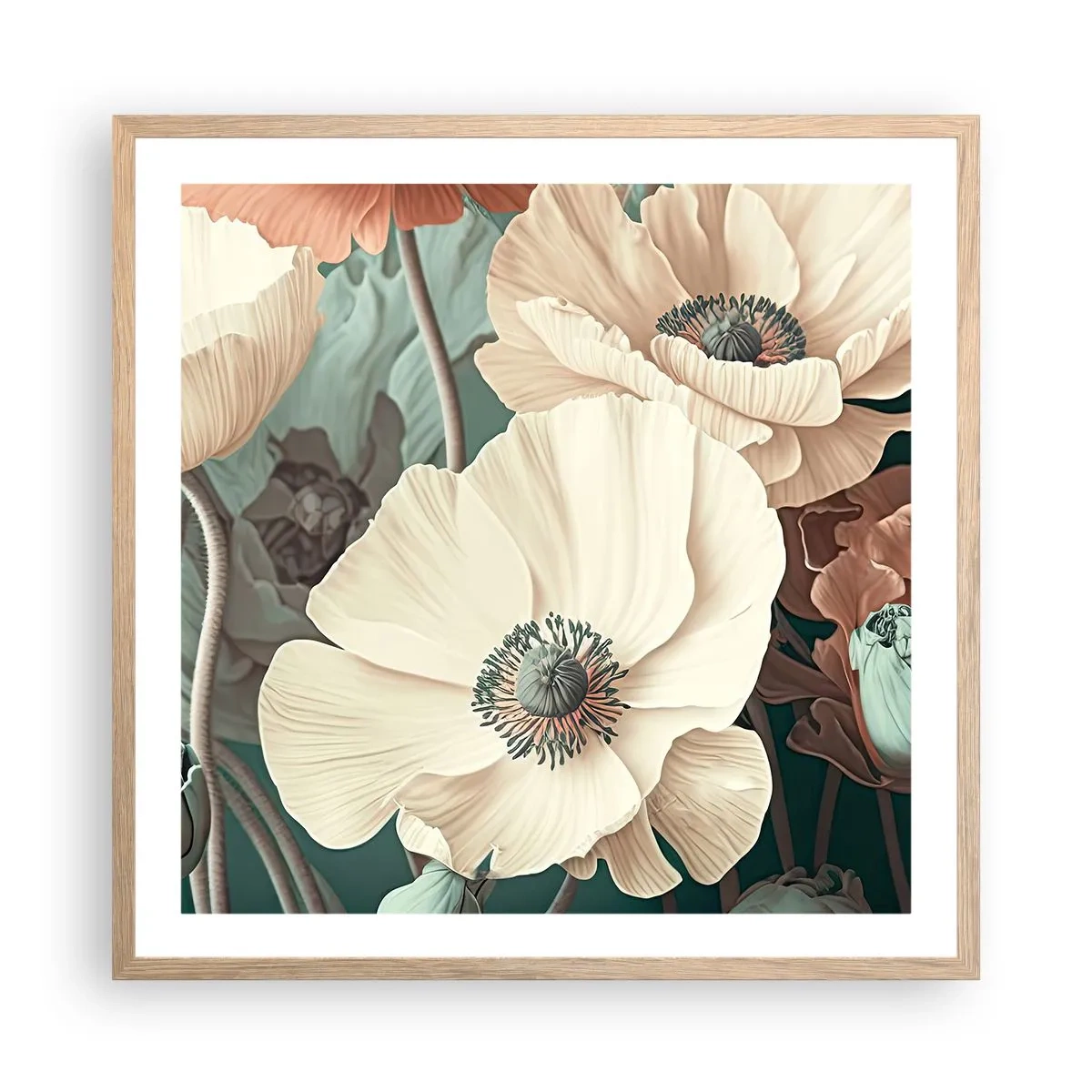 Póster en marco roble claro - Susurro de amapolas - 60x60 cm