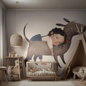Fotomural Premium Canvas - Ilustración de estilo de dibujos animados de un niño abrazando a un perro. - 100x70cm - Mejores amigos - Decoración de pared moderna para salón y dormitorio ARTTOR
