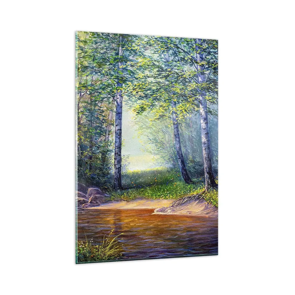 Cuadro sobre vidrio - Impresiones sobre Vidrio - Un arroyo forestal rodeado de abedules y sol. - 80x120cm - Paisaje idílico - Decoración de pared moderna para salón y dormitorio ARTTOR