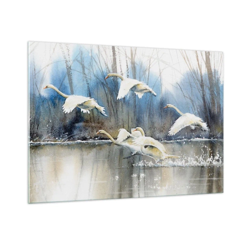 Cuadro sobre vidrio - Impresiones sobre Vidrio - Cisnes salvajes volando sobre un tranquilo lago del bosque - 100x70cm - Como en un cuento de cisnes salvajes - Decoración de pared moderna para salón y dormitorio ARTTOR