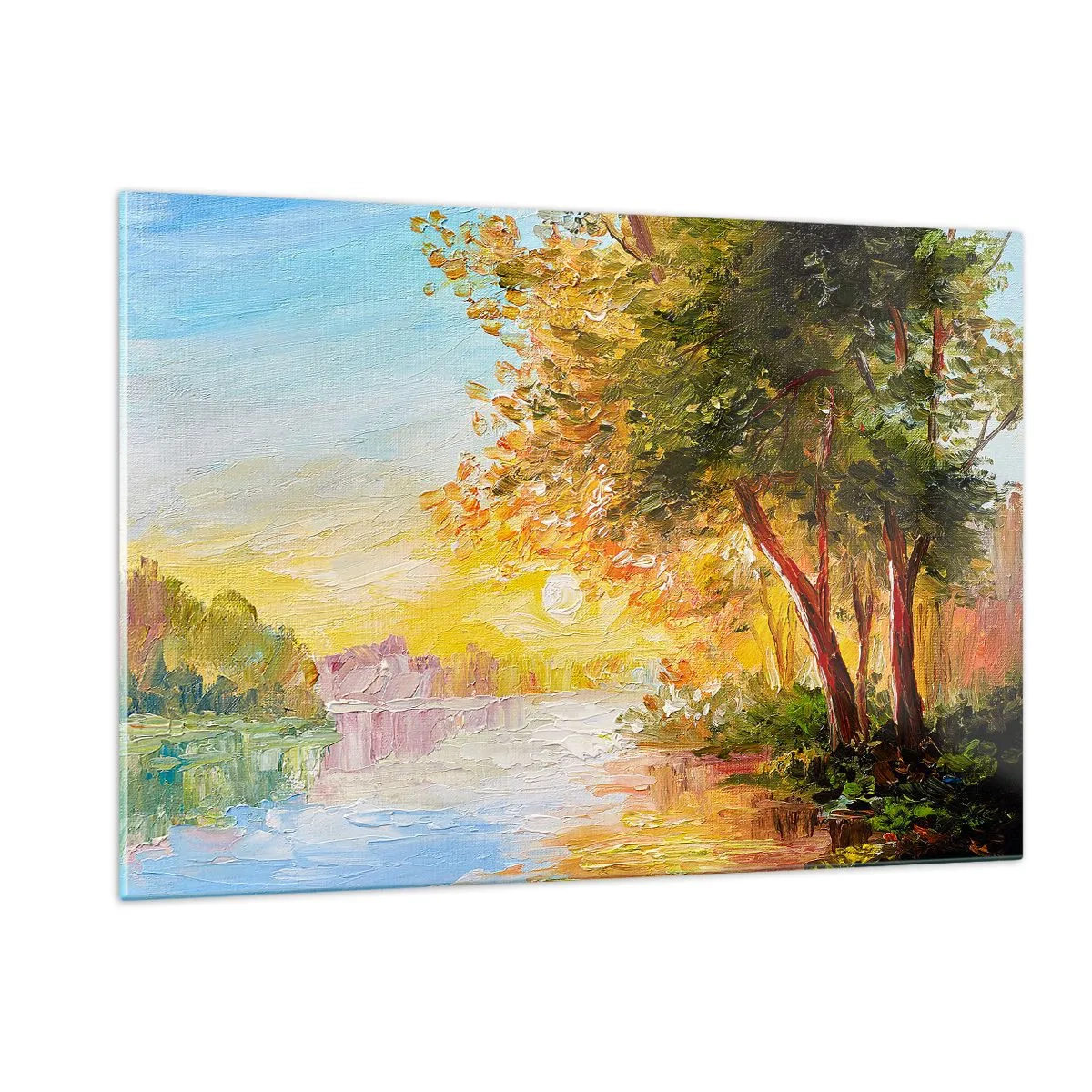 Cuadro sobre vidrio - Impresiones sobre Vidrio - Lago con árboles al atardecer - 120x80cm - Ensueño - Decoración de pared moderna para salón y dormitorio ARTTOR