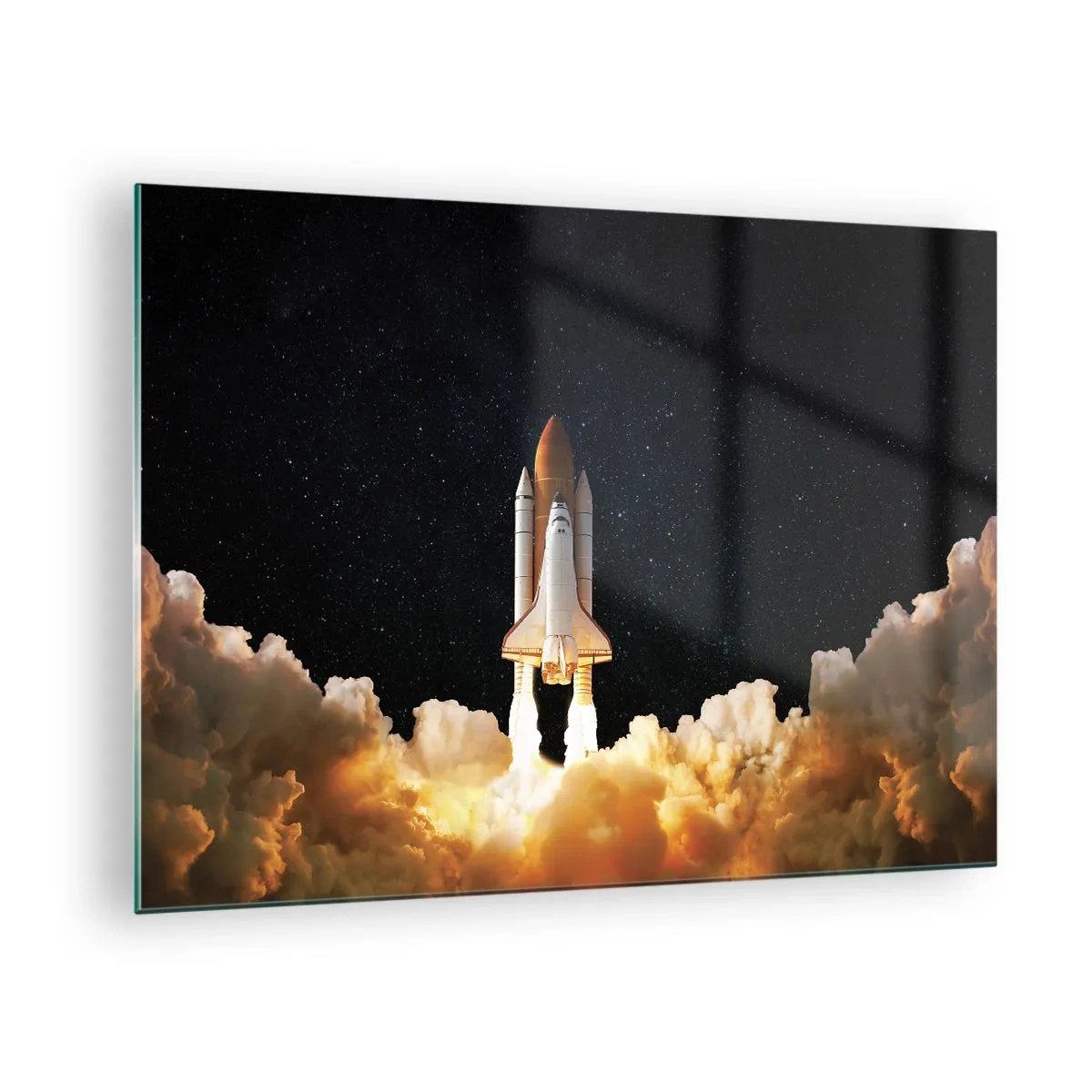 Cuadro sobre vidrio - Impresiones sobre Vidrio - Un transbordador espacial despegando contra un cielo estrellado. - 70x50cm - ¡Ad astra! - Decoración de pared moderna para salón y dormitorio ARTTOR