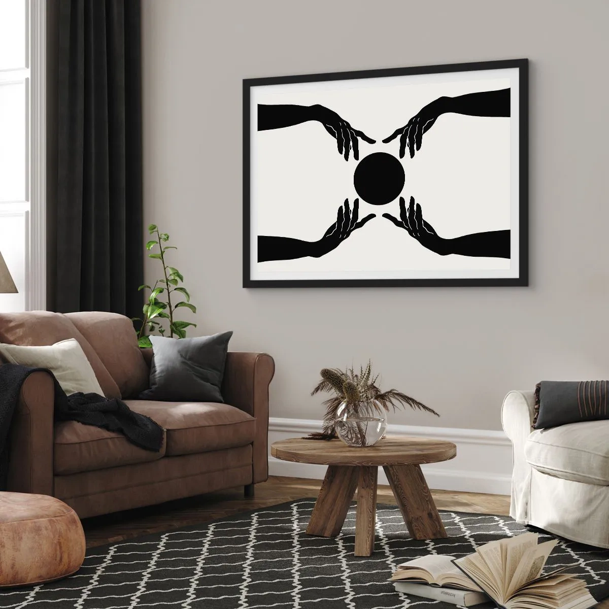 Póster en marco negro - Manos negras en una composición simétrica con una pelota. - 70x50cm - Una señal secreta - Decoración de pared moderna para salón y dormitorio ARTTOR