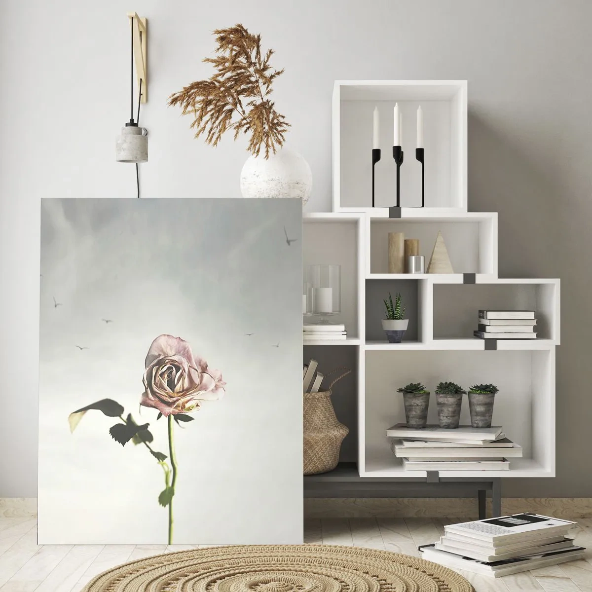 Cuadro sobre vidrio - Impresiones sobre Vidrio - Una delicada rosa contra el cielo con pájaros volando. - 50x70cm - Bienvenida a la primavera - Decoración de pared moderna para salón y dormitorio ARTTOR