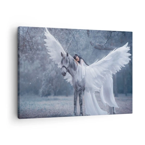 Cuadro sobre lienzo - Impresión de Imagen - Una mujer en un caballo blanco con alas en un bosque mágico. - 70x50cm - Un momento de inspiración - Decoración de pared moderna para salón y dormitorio ARTTOR