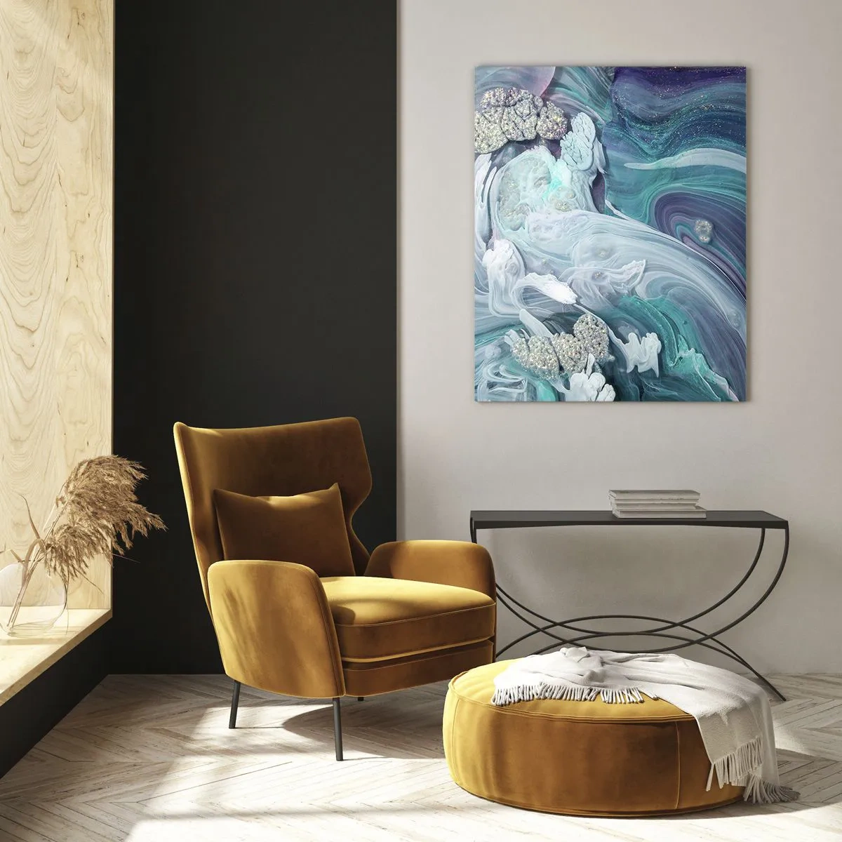 Cuadro sobre vidrio - Impresiones sobre Vidrio - Una composición abstracta en tonos azul, morado y blanco. - 50x70cm - Corrientes de azul - Decoración de pared moderna para salón y dormitorio ARTTOR
