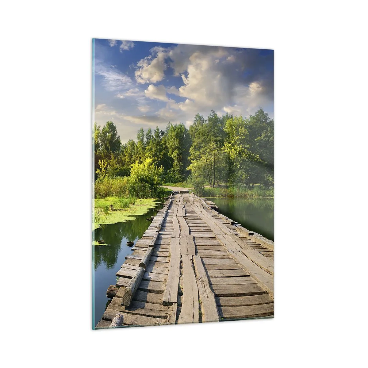 Cuadro sobre vidrio - Impresiones sobre Vidrio - Muelle de madera sobre un lago con un cisne al atardecer - 50x70cm - Verano, verano en todas partes - Decoración de pared moderna para salón y dormitorio ARTTOR