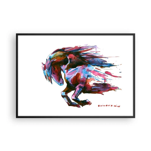 Póster en marco negro - Un caballo en colores abstractos dinámicos que simboliza la libertad. - 100x70cm - En éxtasis - Decoración de pared moderna para salón y dormitorio ARTTOR
