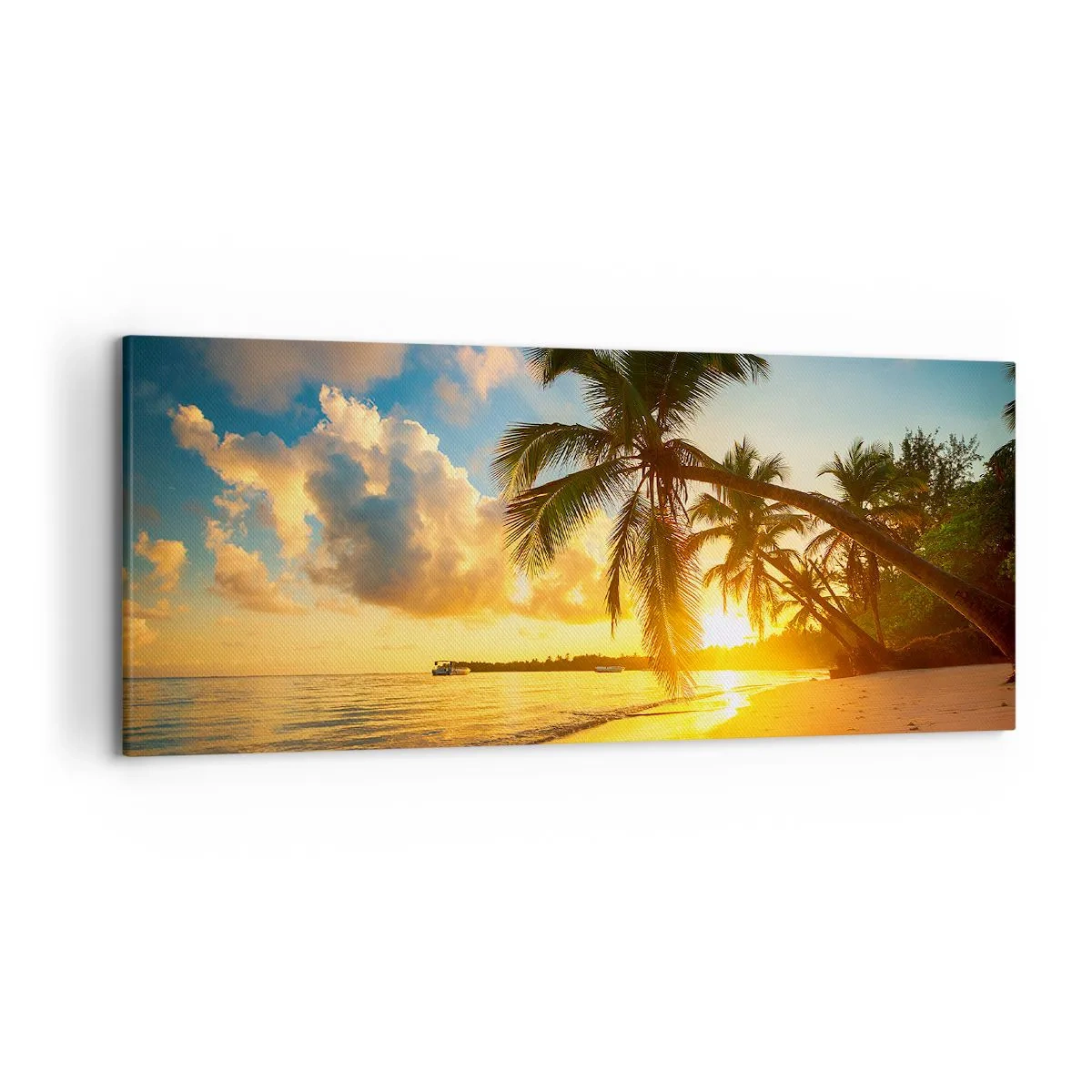 Cuadro sobre lienzo - Impresión de Imagen - Playa al atardecer con palmeras en la orilla del mar - 120x50cm - Un sueño caribeño - Decoración de pared moderna para salón y dormitorio ARTTOR