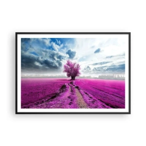 Póster en marco negro - Un árbol solitario en un campo de un tono rosa intenso. - 100x70cm - El brezal - un encanto - Decoración de pared moderna para salón y dormitorio ARTTOR