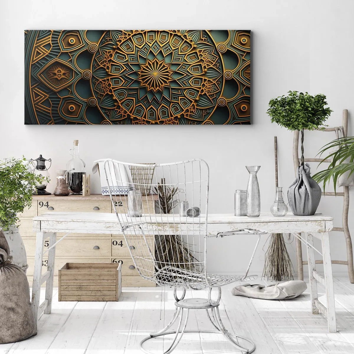 Cuadro sobre lienzo - Impresión de Imagen - Un mandala dorado sobre un fondo turquesa con ricos detalles. - 160x50cm - En un clima árabe - Decoración de pared moderna para salón y dormitorio ARTTOR