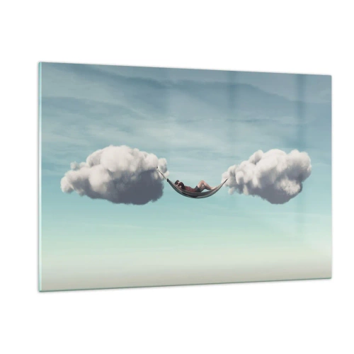 Cuadro sobre vidrio - Impresiones sobre Vidrio - Hamacas de nubes en un cielo azul - 120x80cm - La felicidad del momento - Decoración de pared moderna para salón y dormitorio ARTTOR