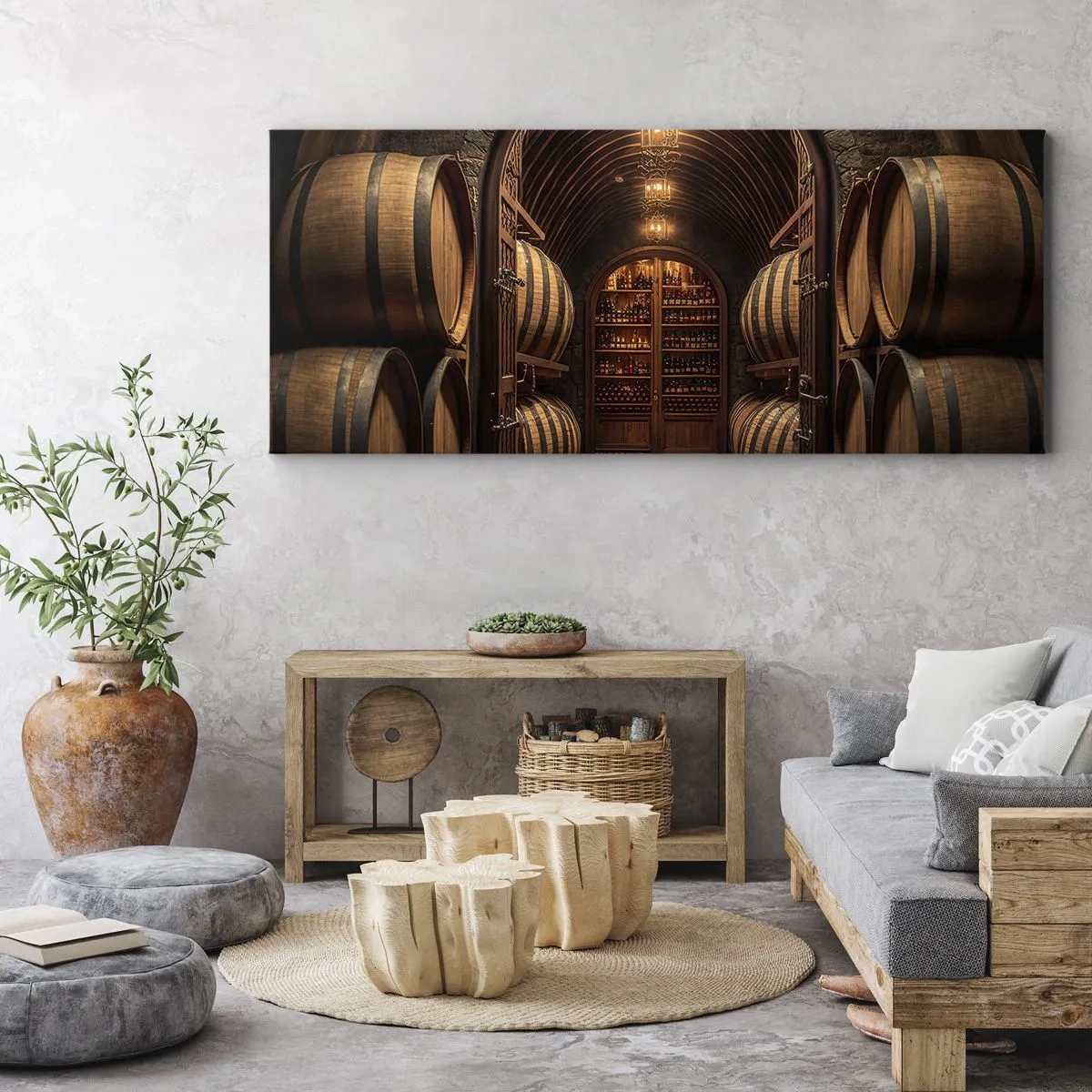 Cuadro sobre lienzo - Impresión de Imagen - Bodega con barriles de madera y estantes para vinos. - 120x50cm - Sótano atmosférico - Decoración de pared moderna para salón y dormitorio ARTTOR