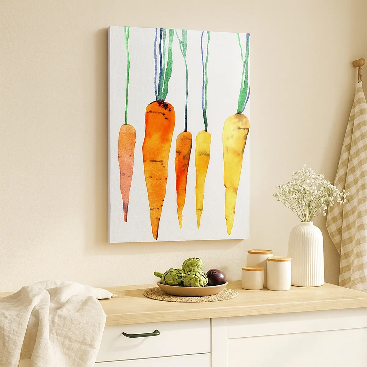 Cuadro sobre lienzo - Impresión de Imagen - Zanahorias de acuarela en diferentes tonos sobre un fondo blanco. - 50x70cm - La belleza de lo ordinario - Decoración de pared moderna para salón y dormitorio ARTTOR