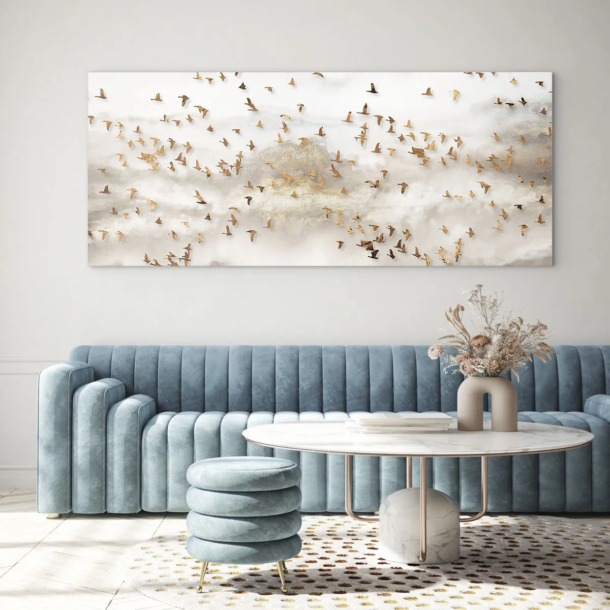 Cuadro sobre vidrio - Impresiones sobre Vidrio - Pájaros dorados contra las montañas brumosas - 140x50cm - Es hora... - Decoración de pared moderna para salón y dormitorio ARTTOR