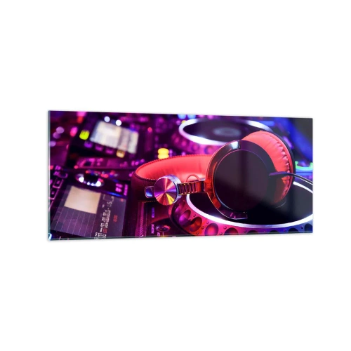 Cuadro sobre vidrio - Impresiones sobre Vidrio - Auriculares de DJ en una consola con iluminación de neón. - 120x50cm - Antes de que comience la diversión - Decoración de pared moderna para salón y dormitorio ARTTOR