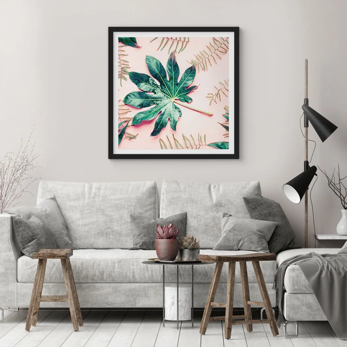 Póster en marco negro - Estudio de vegetación sobre fondo rosa - 60x60 cm