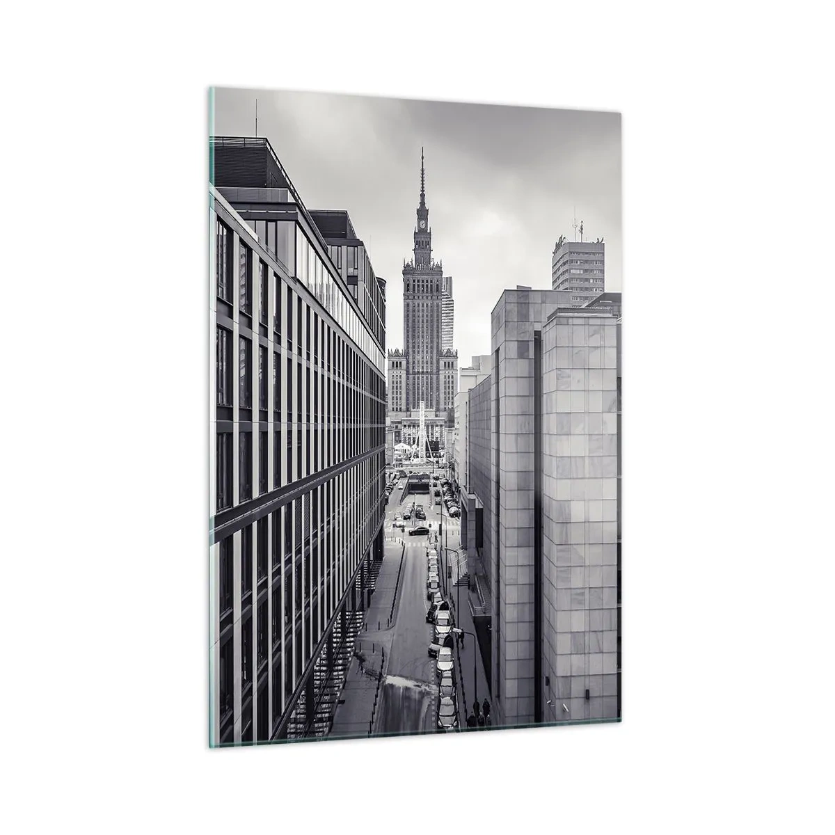 Cuadro sobre vidrio - Impresiones sobre Vidrio - Vista de la ciudad en blanco y negro con rascacielos y una calle. - 50x70cm - Valle de Varsovia - Decoración de pared moderna para salón y dormitorio ARTTOR