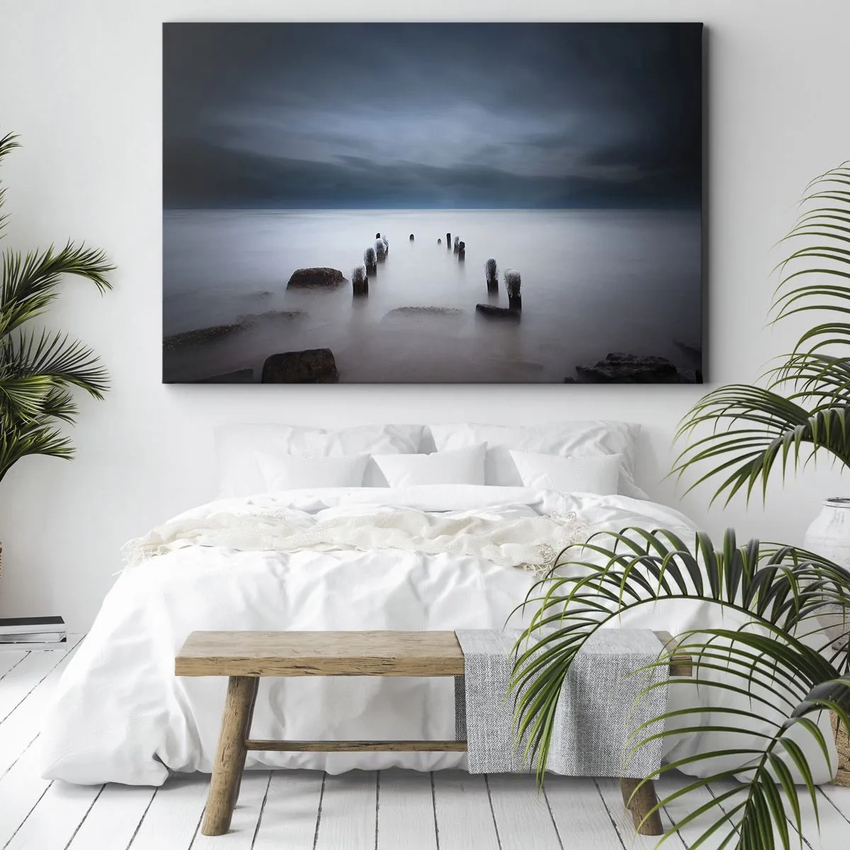 Cuadro sobre lienzo - Impresión de Imagen - El viejo muelle con el mar en calma como telón de fondo - 70x50cm - El lago del pensamiento - Decoración de pared moderna para salón y dormitorio ARTTOR
