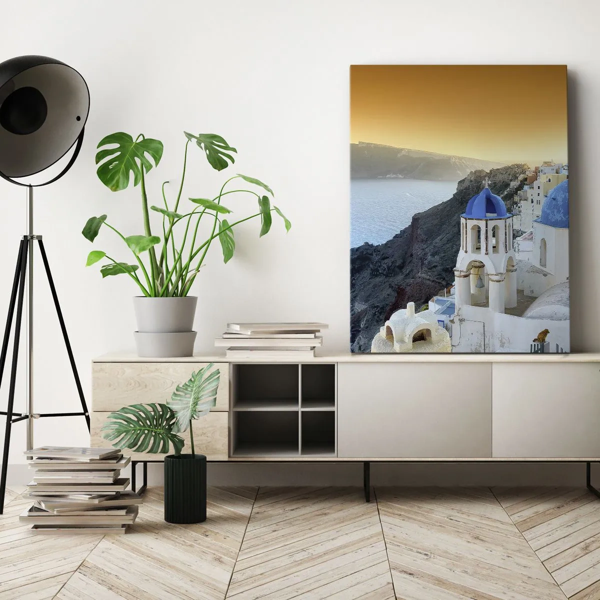Cuadro sobre lienzo - Impresión de Imagen - Vista de Santorini con edificios blancos y mar azul. - 50x70cm - Santorini - el abrazo a las rocas - Decoración de pared moderna para salón y dormitorio ARTTOR