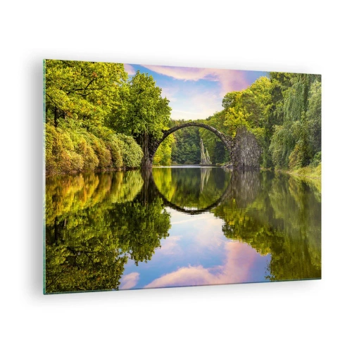 Cuadro sobre vidrio - Impresiones sobre Vidrio - Un puente de piedra reflejado en la tranquila superficie del lago. - 70x50cm - En el punto de encuentro de dos mundos - Decoración de pared moderna para salón y dormitorio ARTTOR