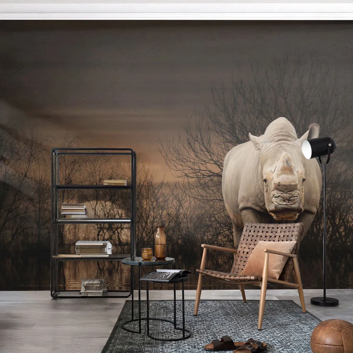 Fotomural Premium Canvas - El blanco contra la naturaleza - Rinoceronte, animales, África - 400x280 cm