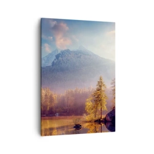 Cuadro sobre lienzo - Impresión de Imagen - Vista pintoresca del bosque de montaña y el lago al amanecer. - 50x70cm - Entre las montañas y los valles - Decoración de pared moderna para salón y dormitorio ARTTOR