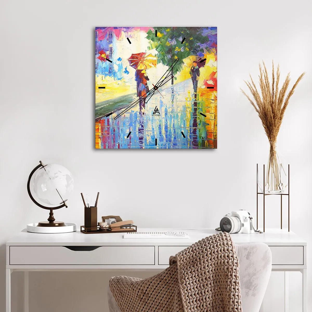 Reloj de pared - Reloj de vidrio - Un paseo con paraguas en un colorido paisaje lluvioso. - 30x30cm - Y todo está claro - Decoración de pared moderna para salón y dormitorio ARTTOR
