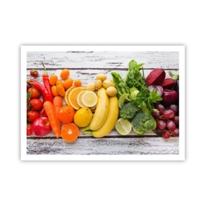 Póster - Frutas y verduras coloridas sobre un fondo de madera - 100x70cm - ¿No es suficiente? - Decoración de pared moderna para salón y dormitorio ARTTOR
