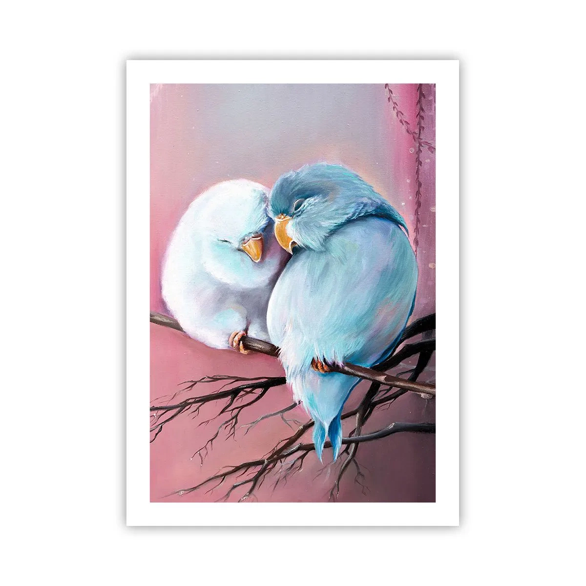 Póster - Dos pájaros posados en una rama en un entorno romántico. - 50x70cm - Qué añadir aquí... - Decoración de pared moderna para salón y dormitorio ARTTOR