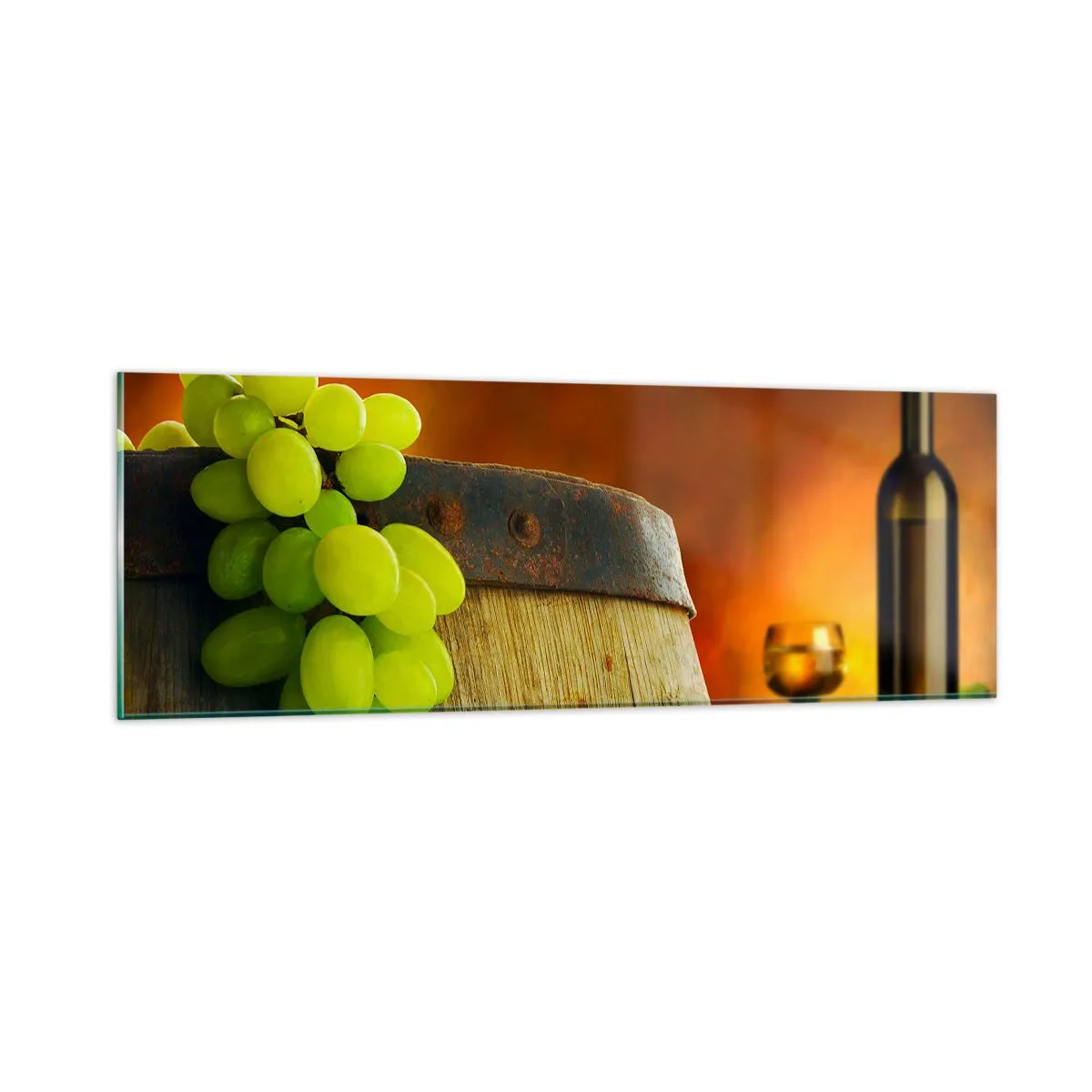 Cuadro sobre vidrio - Impresiones sobre Vidrio - Bodegón con botella de vino y racimo de uvas - 90x30 cm