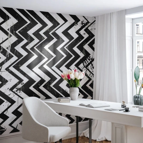 Fotomural Standard Eco - Patrón de zigzag en blanco y negro con efecto desgastado - 100x70cm - Zig-blanco, zag-negro - Decoración de pared moderna para salón y dormitorio ARTTOR