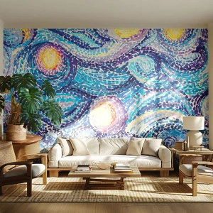 Fotomural Premium Sand - Remolinos abstractos en colores azul y amarillo - 100x70cm - De un cuadro de Van Gogh - Decoración de pared moderna para salón y dormitorio ARTTOR