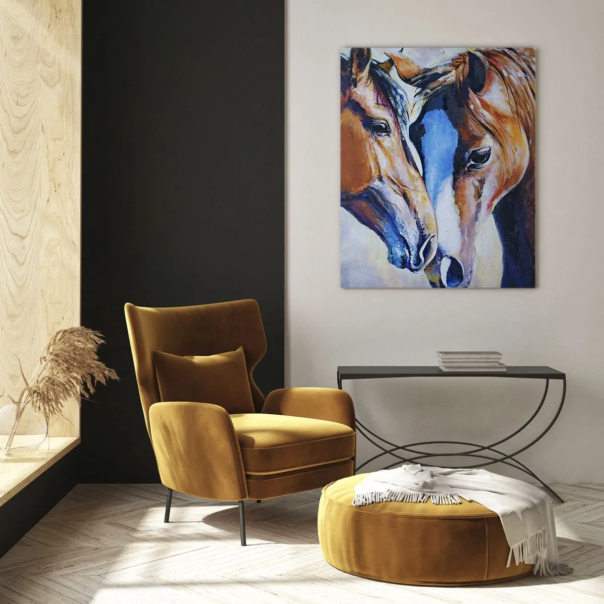 Cuadro sobre vidrio - Impresiones sobre Vidrio - Una representación pictórica de dos caballos en un entorno amigable. - 80x120cm - ¿Esto es amistad? ¿Es amor? - Decoración de pared moderna para salón y dormitorio ARTTOR