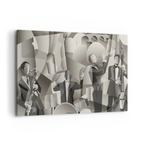 Cuadro sobre lienzo - Impresión de Imagen - Escena abstracta con músicos de jazz en tonos de gris. - 120x80cm - En el espacio de los sonidos - Decoración de pared moderna para salón y dormitorio ARTTOR