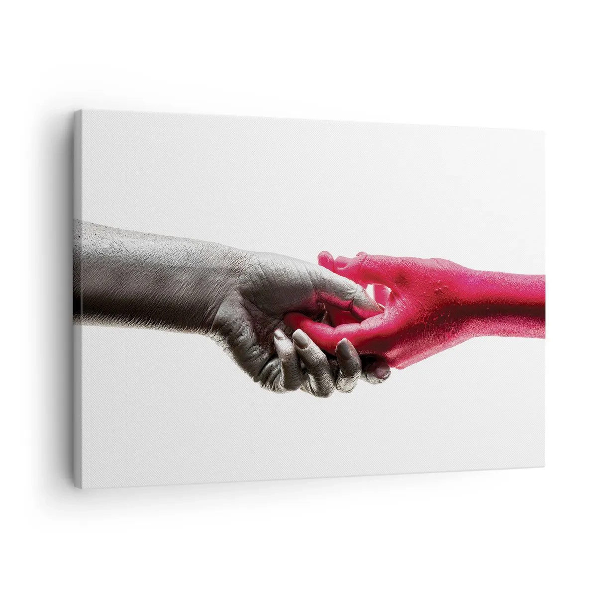 Cuadro sobre lienzo - Impresión de Imagen - Manos simbólicas en plata y rojo. - 70x50cm - Juntos, aunque diferentes - Decoración de pared moderna para salón y dormitorio ARTTOR