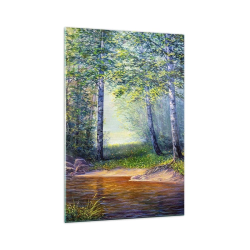 Cuadro sobre vidrio - Impresiones sobre Vidrio - Un arroyo forestal rodeado de abedules y sol. - 70x100cm - Paisaje idílico - Decoración de pared moderna para salón y dormitorio ARTTOR