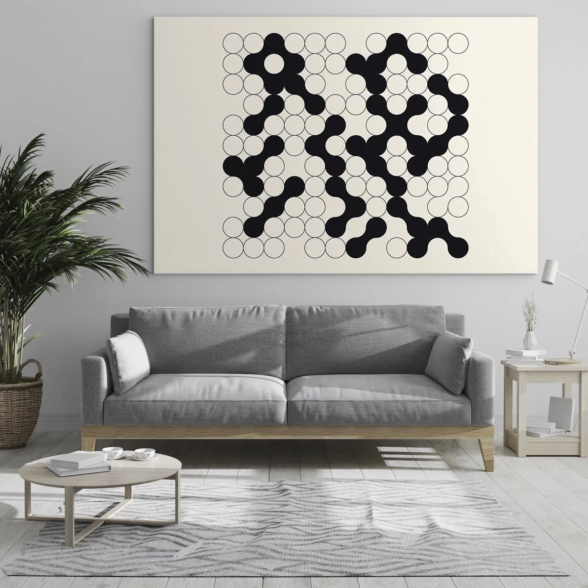 Cuadro sobre vidrio - Impresiones sobre Vidrio - Un mosaico gráfico en blanco y negro compuesto por puntos conectados. - 100x70cm - Juego chino - una variación - Decoración de pared moderna para salón y dormitorio ARTTOR