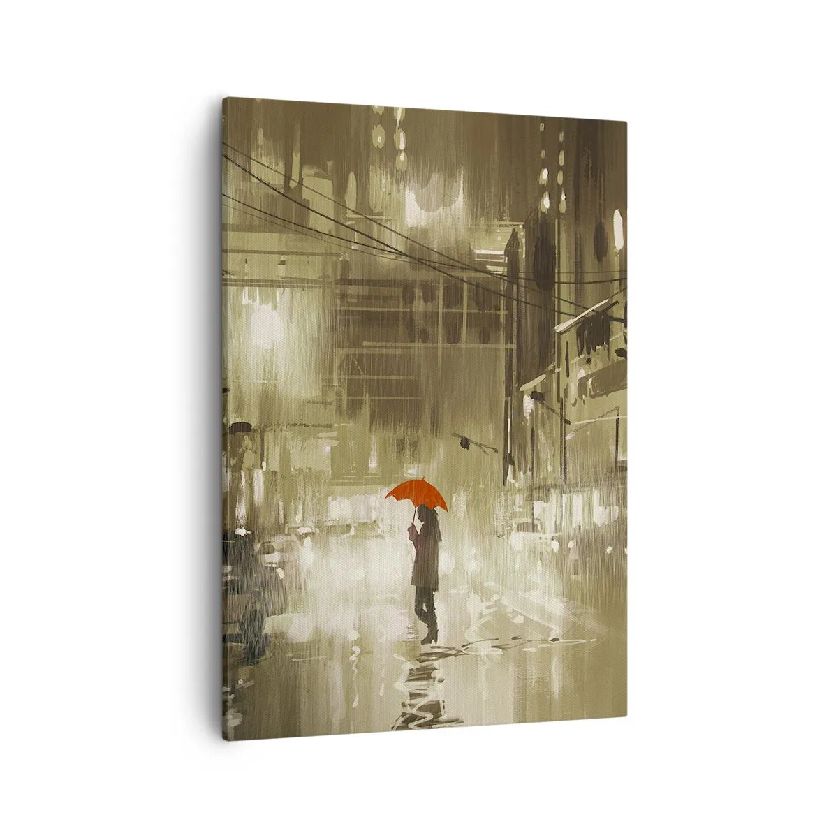 Cuadro sobre lienzo - Impresión de Imagen - Una figura con un paraguas rojo en una ciudad lluviosa. - 50x70cm - Soledad en la urbe - Decoración de pared moderna para salón y dormitorio ARTTOR