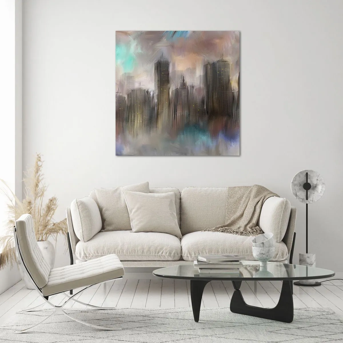 Cuadro sobre vidrio - Impresiones sobre Vidrio - Una composición de acero, piedra y niebla - 70x70 cm